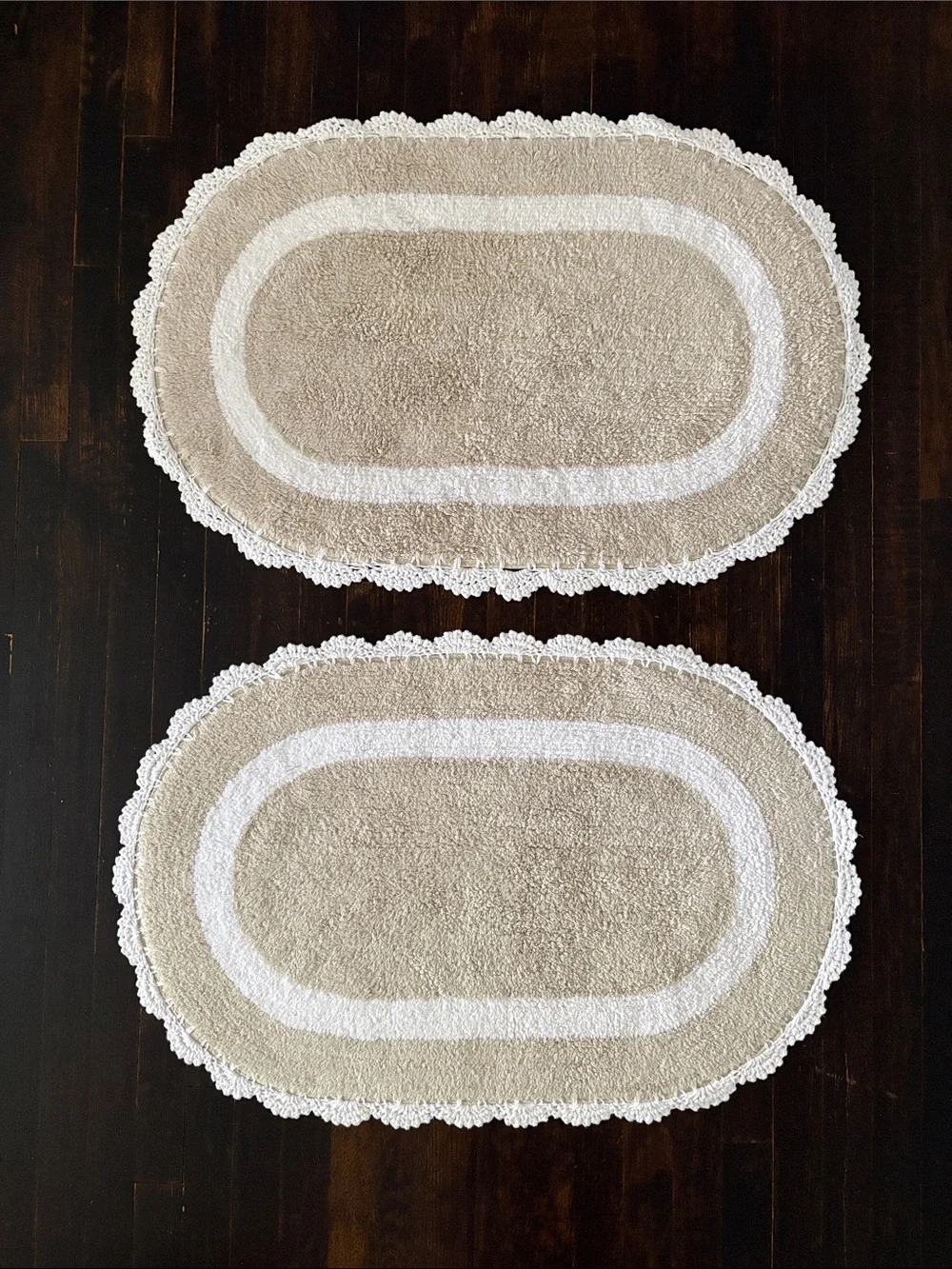 Laura Ashley Eloise Crochet Border Oval Bath Mats Sandshell Beige Set of 2